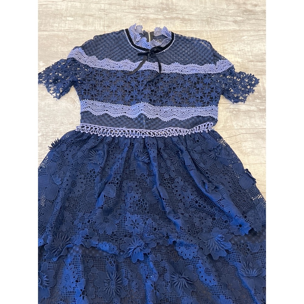 FEW MODA New York Navy Blue Lace‎ Tiered Midi Dress Short Sleeve Mock Neck XL